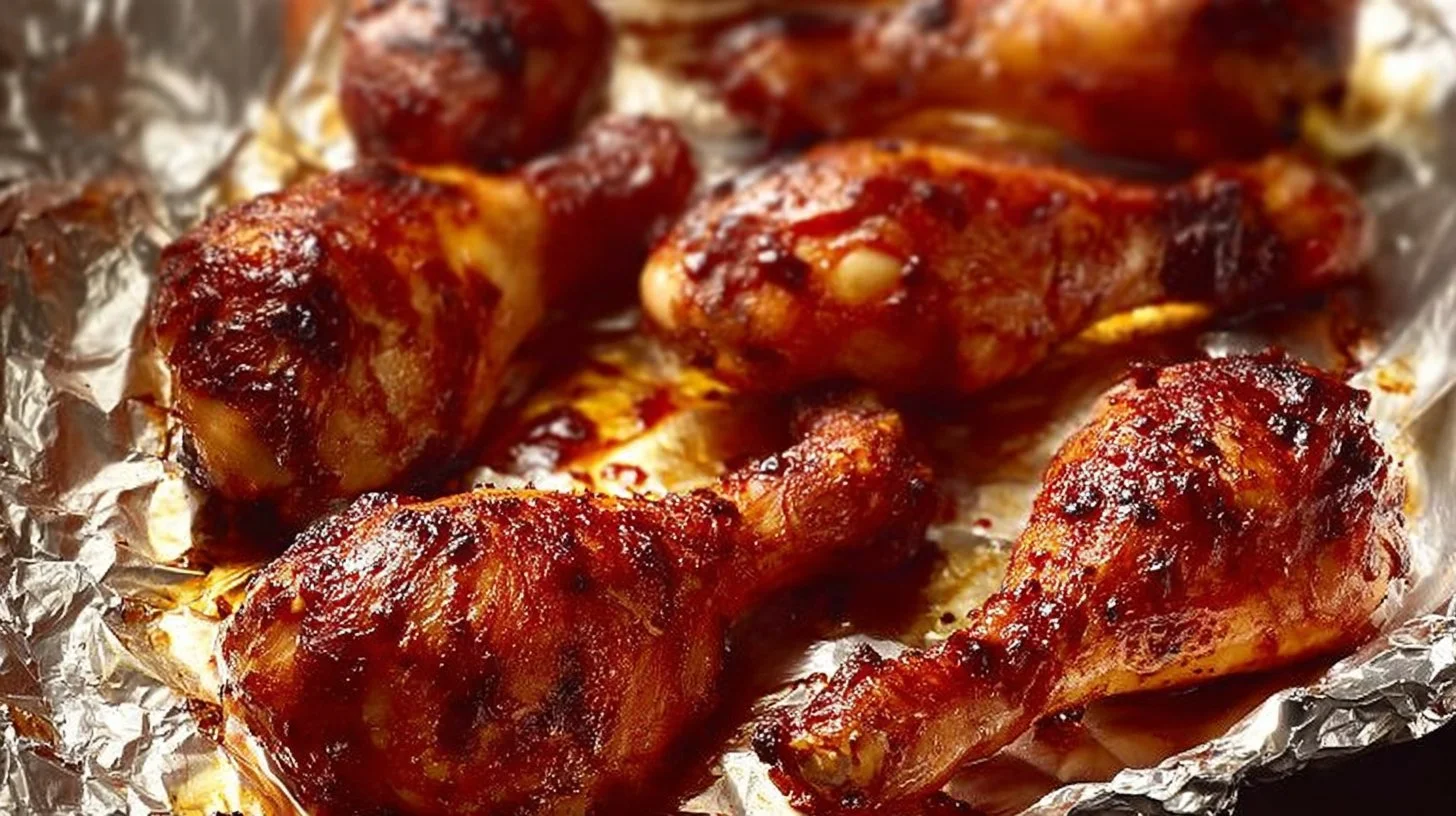 Baked BBQ chicken drumsticks on a plate garnished with fresh herbs