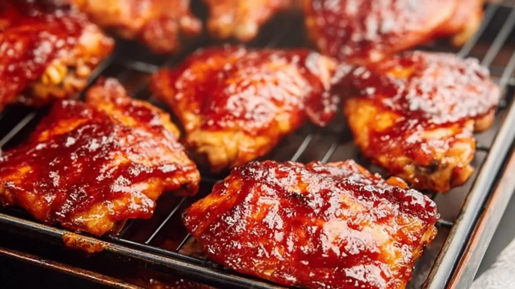 Deliciously baked BBQ chicken thighs garnished and ready to serve