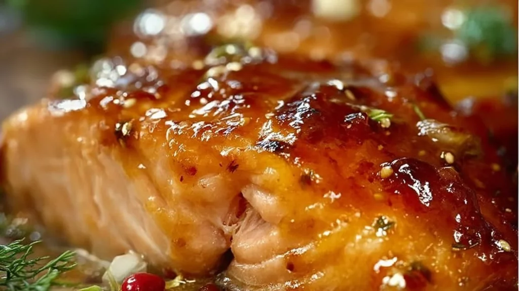 Baked pineapple salmon dish garnished with herbs on a plate