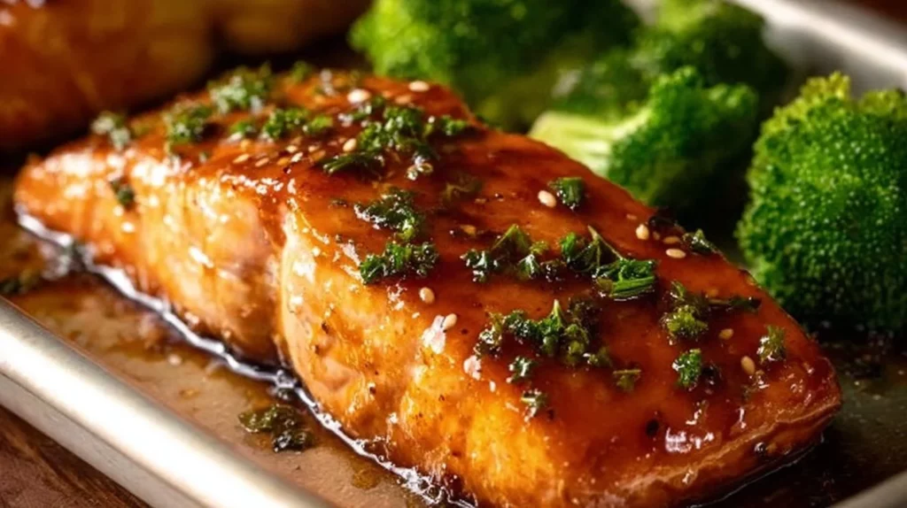 A beautifully plated baked salmon garnished with herbs and lemon slices