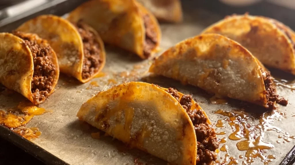 Plate of freshly baked tacos filled with meat and cheese
