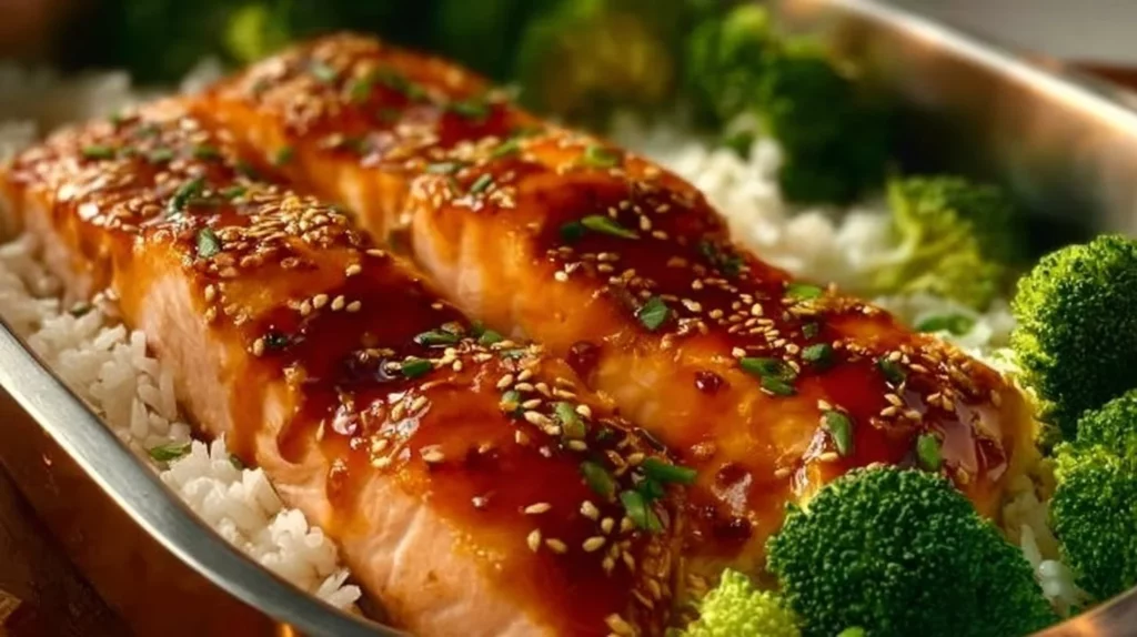 Delicious baked teriyaki salmon fillet drizzled with sauce and garnished.
