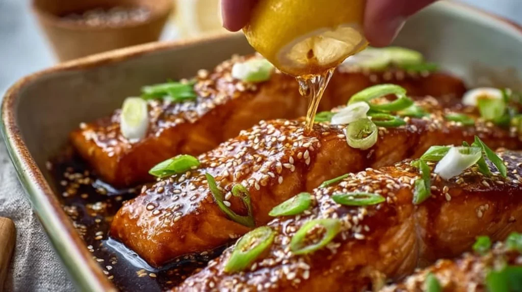 Deliciously baked teriyaki salmon fillet garnished with sesame seeds and green onions.