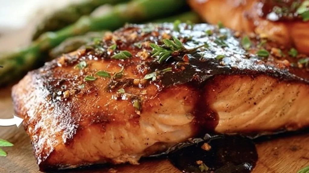 Balsamic glazed salmon on a plate garnished with herbs and vegetables