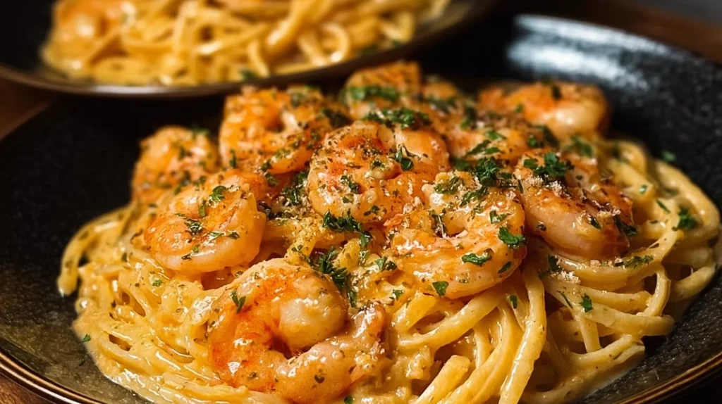 Creamy Bang Bang Shrimp Pasta garnished with herbs