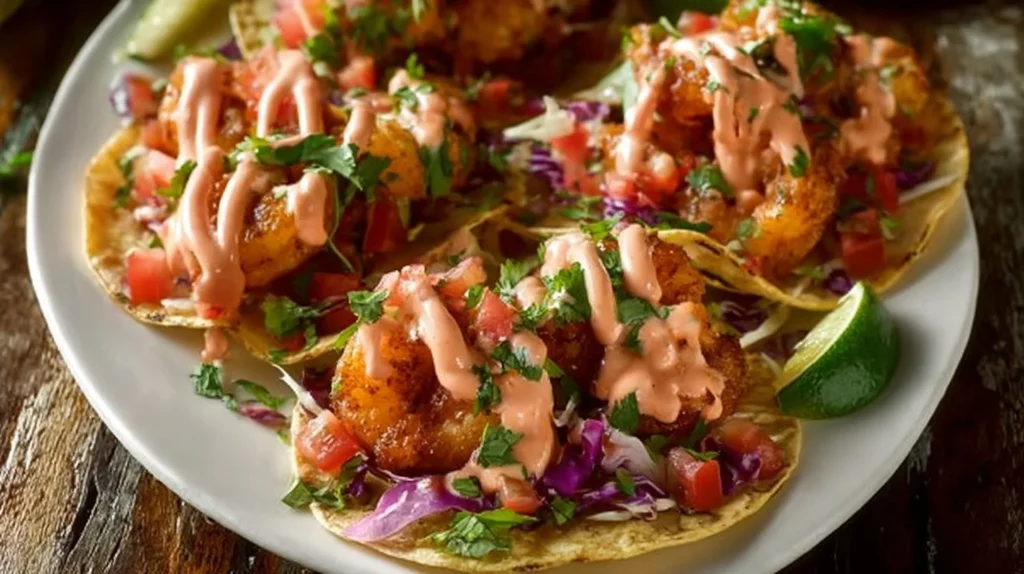 Bang Bang Shrimp Tacos topped with fresh ingredients and spicy sauce