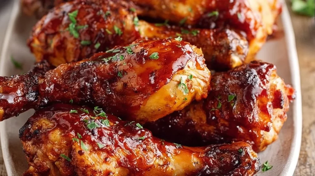 Delicious BBQ chicken drumsticks cooking on the grill