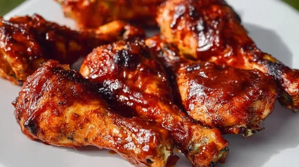 Grilled BBQ chicken drumsticks on a platter with barbecue sauce
