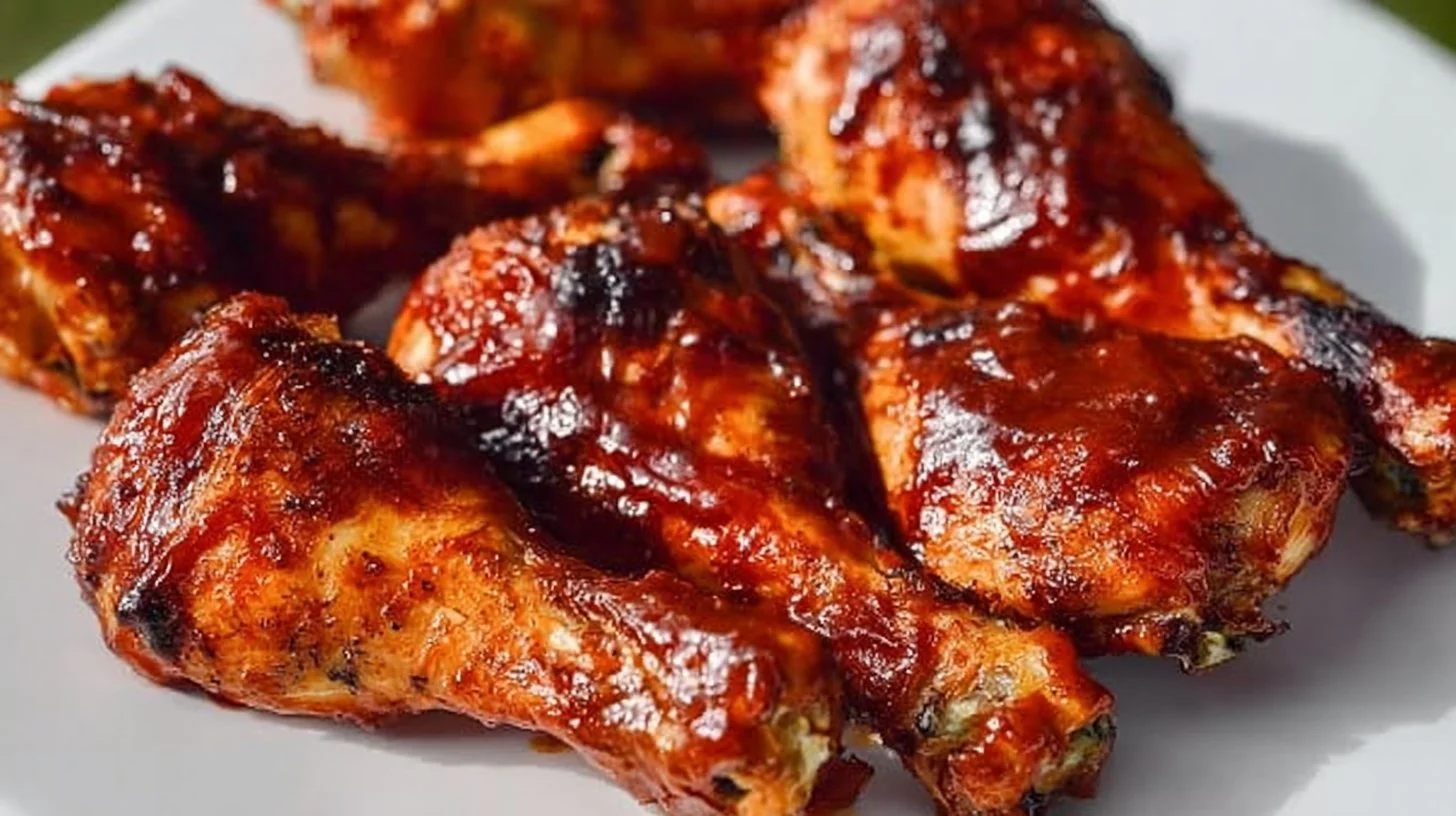 Grilled BBQ chicken drumsticks on a platter with barbecue sauce