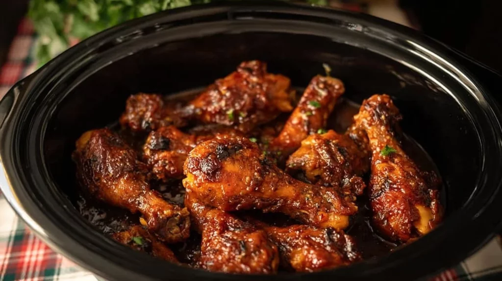 Delicious BBQ chicken legs cooked in a crock pot with smoky flavor