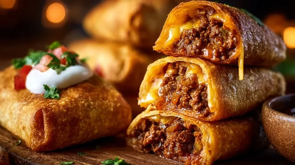 Golden brown Beef and Cheese Chimichangas served on a plate with salsa.