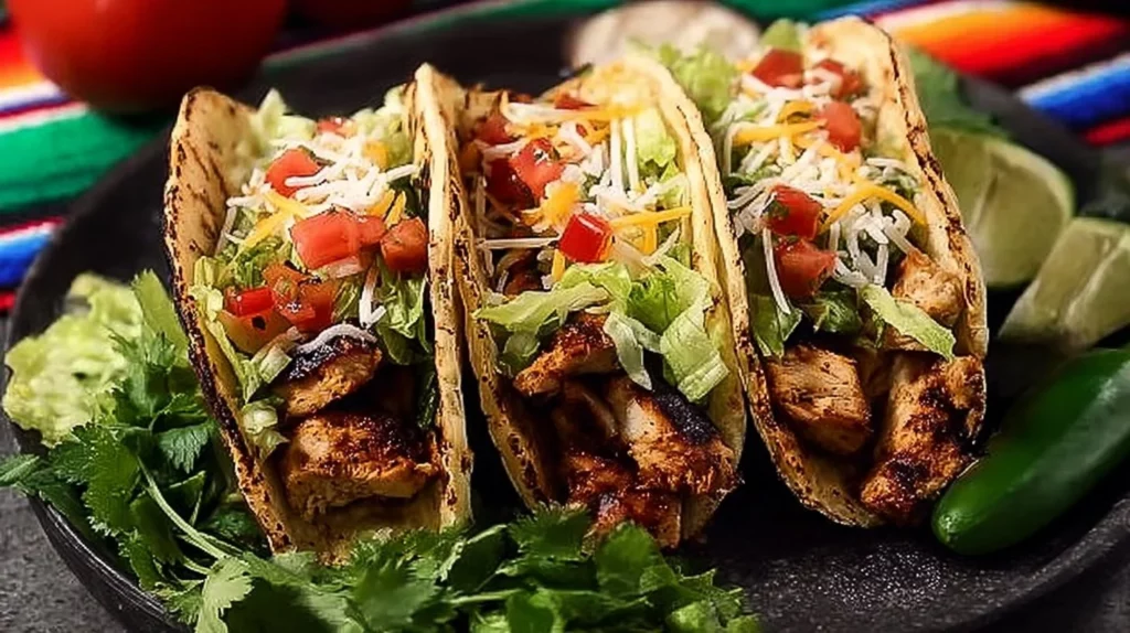 Delicious chicken tacos garnished with fresh toppings