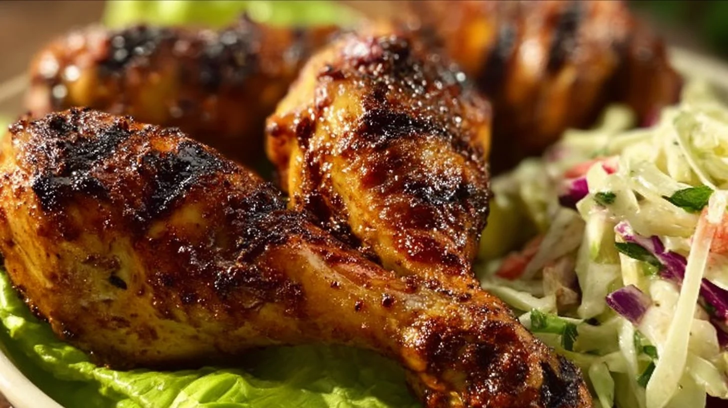 Juicy grilled chicken legs seasoned to perfection on a BBQ grill.