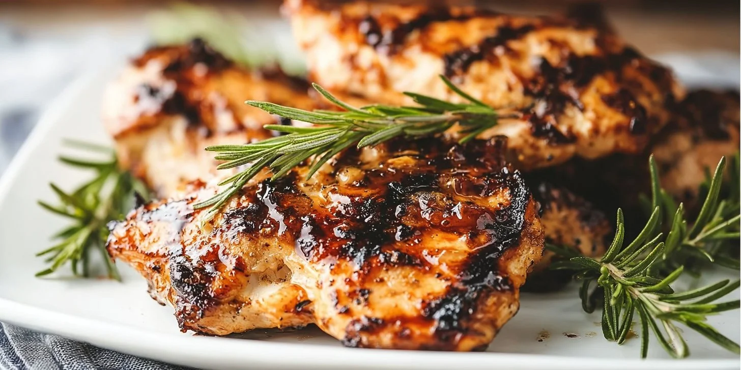 Delicious grilled chicken served on a plate with herbs and spices