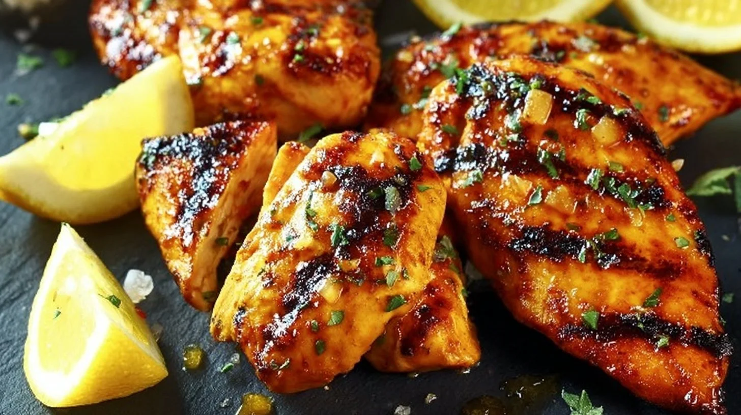 Plate of delicious grilled chicken served with fresh vegetables