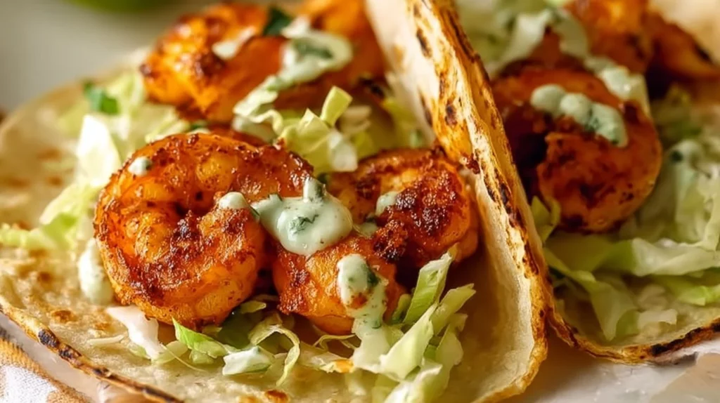 Delicious shrimp tacos with fresh toppings and vibrant colors