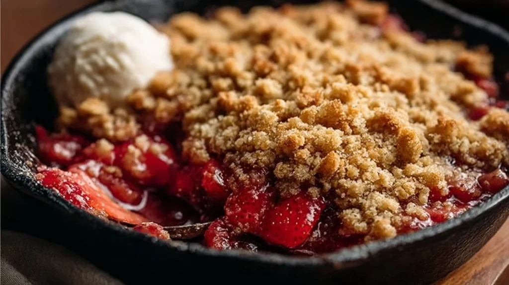Delicious strawberry rhubarb crisp in a baking dish with golden topping
