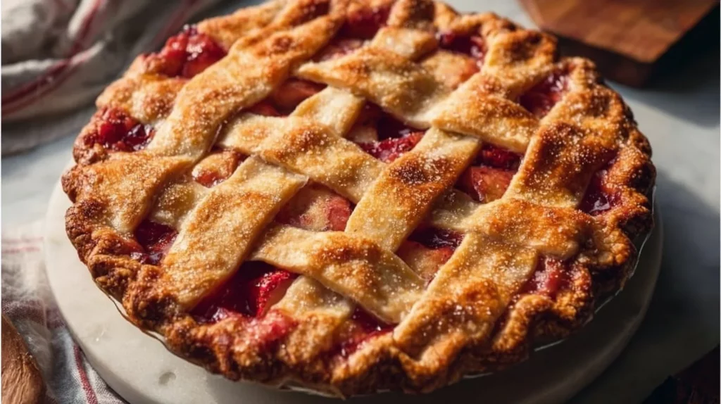 Delicious homemade strawberry rhubarb pie with a flaky crust and fresh fruit filling.