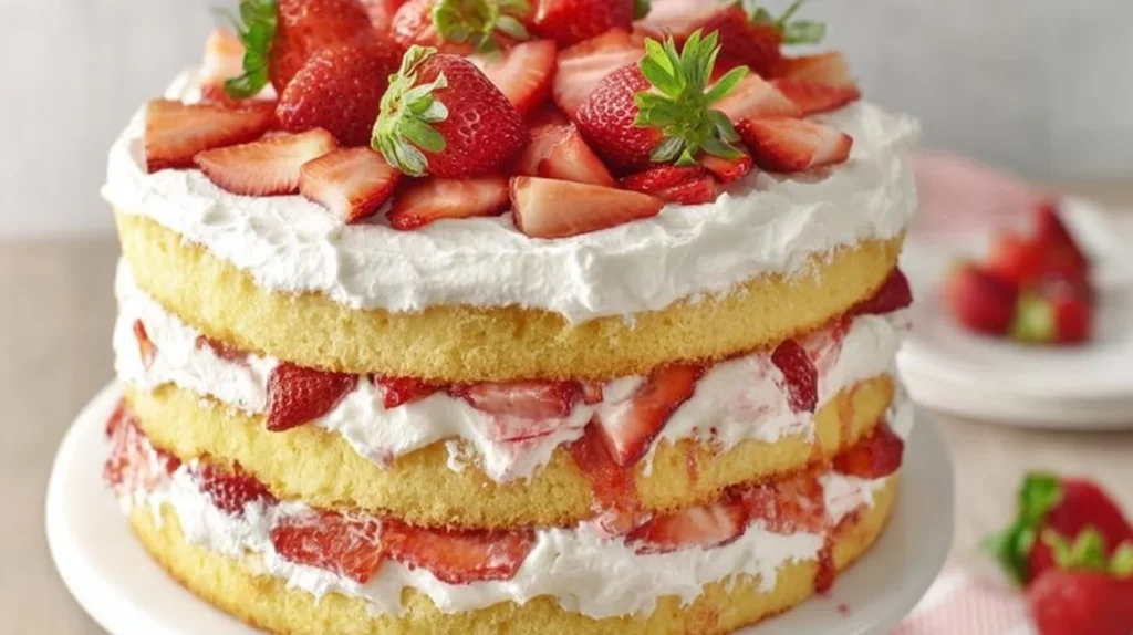 Delicious strawberry shortcake layered with fresh strawberries and whipped cream