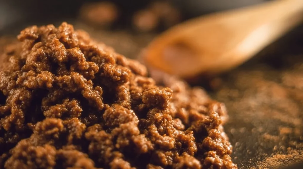 Delicious taco meat in a skillet, ready for tacos with toppings.