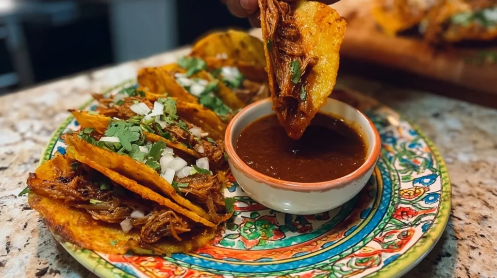 Delicious Birria Tacos served with consomé and garnished with fresh cilantro and onion