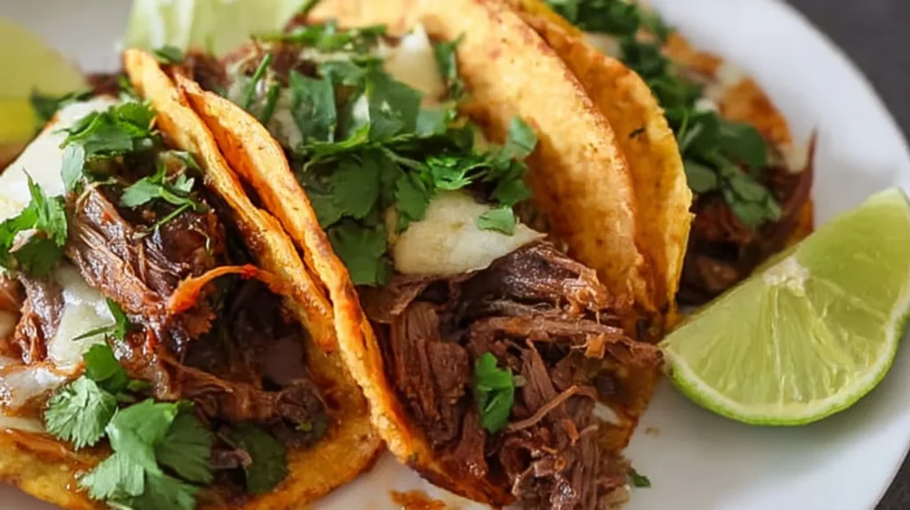 Delicious plate of Birria Tacos served with consommé and garnishes