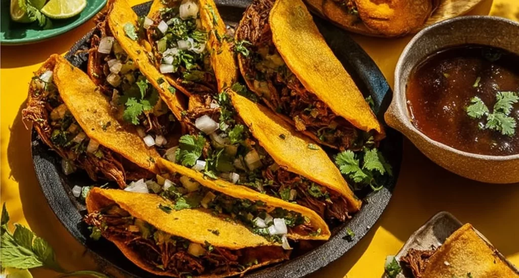 Plate of tasty Birria Tacos served with dipping sauce