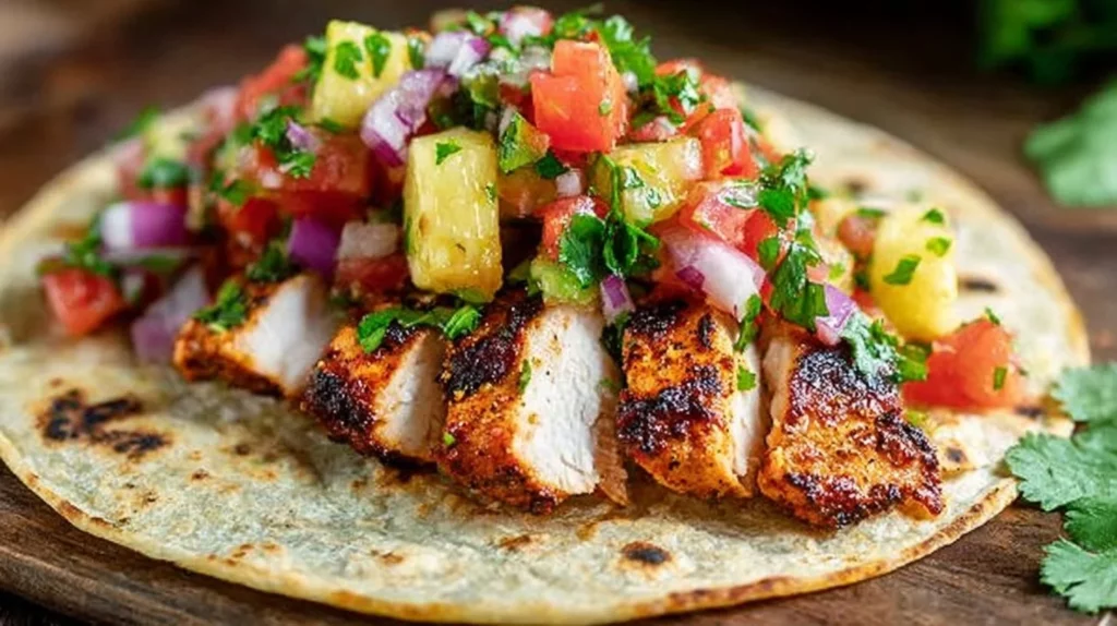 Delicious blackened chicken tacos with fresh pineapple salsa on a plate