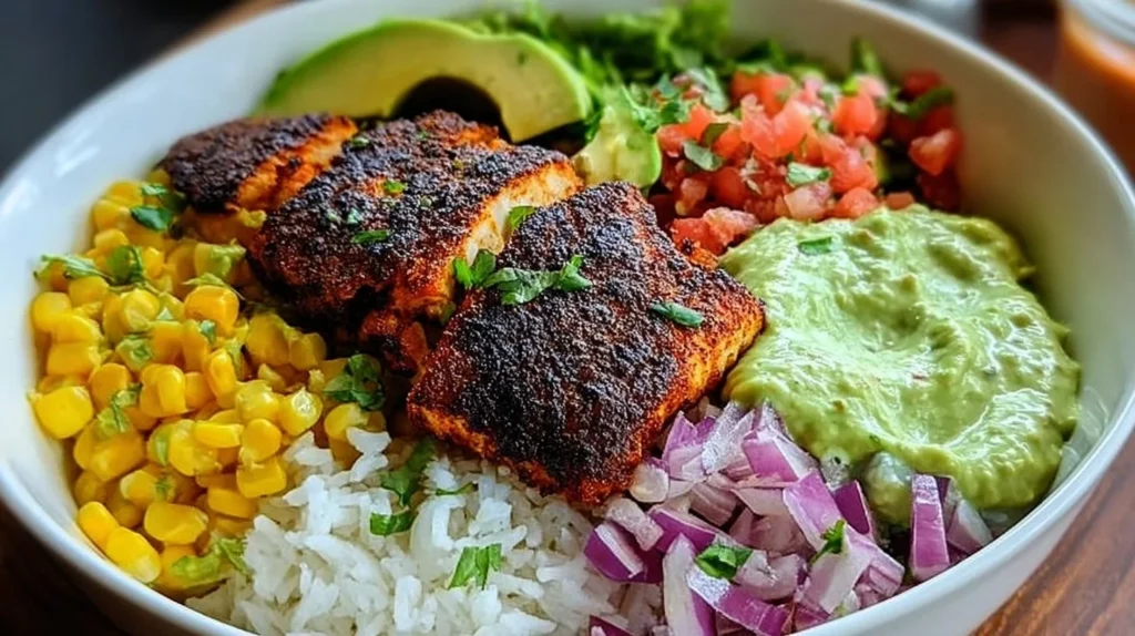A vibrant blackened fish taco bowl topped with fresh ingredients and lime.