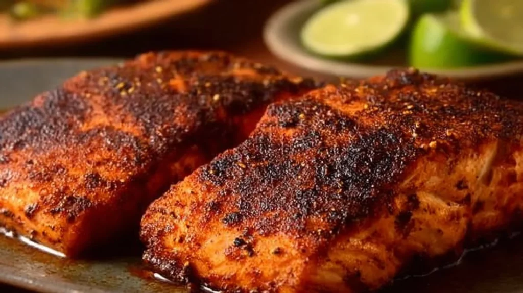 Plate of blackened salmon fillet seasoned with spices and herbs