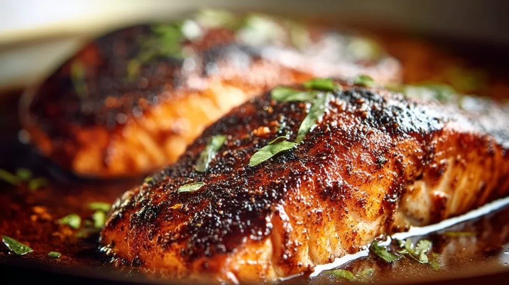 Plate of blackened salmon with spices and herbs, garnished with lemon.