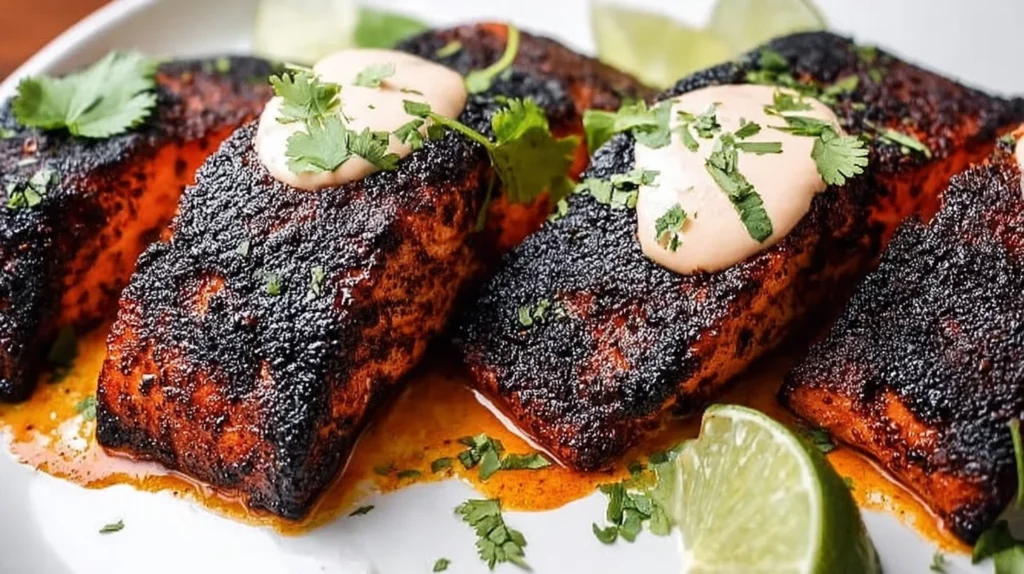 Oven-baked blackened salmon garnished with dill sauce on a plate.