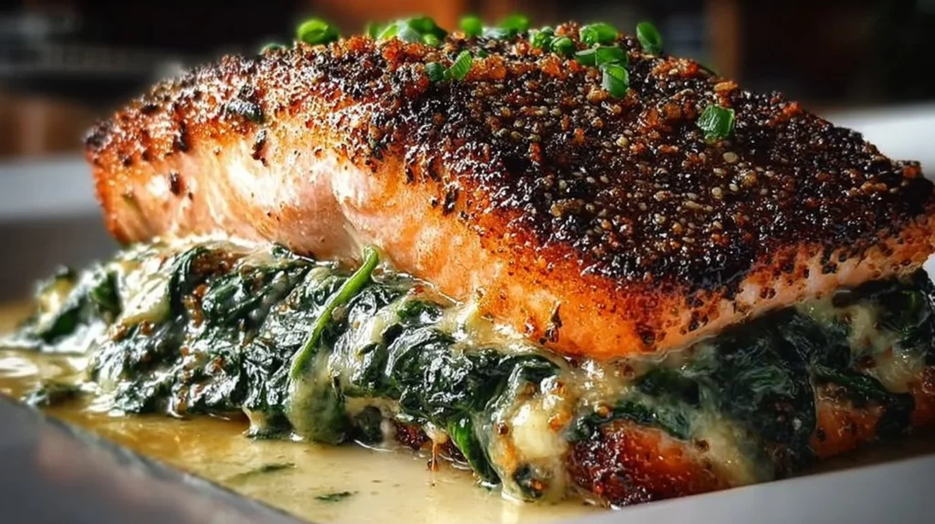 Blackened salmon fillet stuffed with spinach and parmesan cheese, ready to serve.