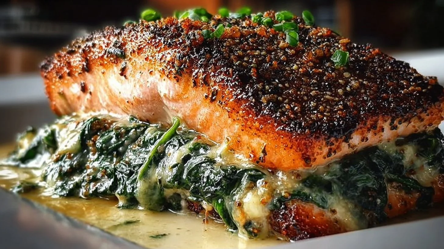 Blackened salmon fillet stuffed with spinach and parmesan cheese, ready to serve.