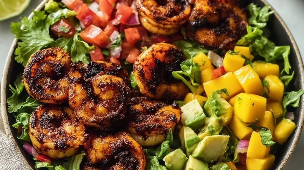 Healthy blackened shrimp bowls with fresh vegetables and spices