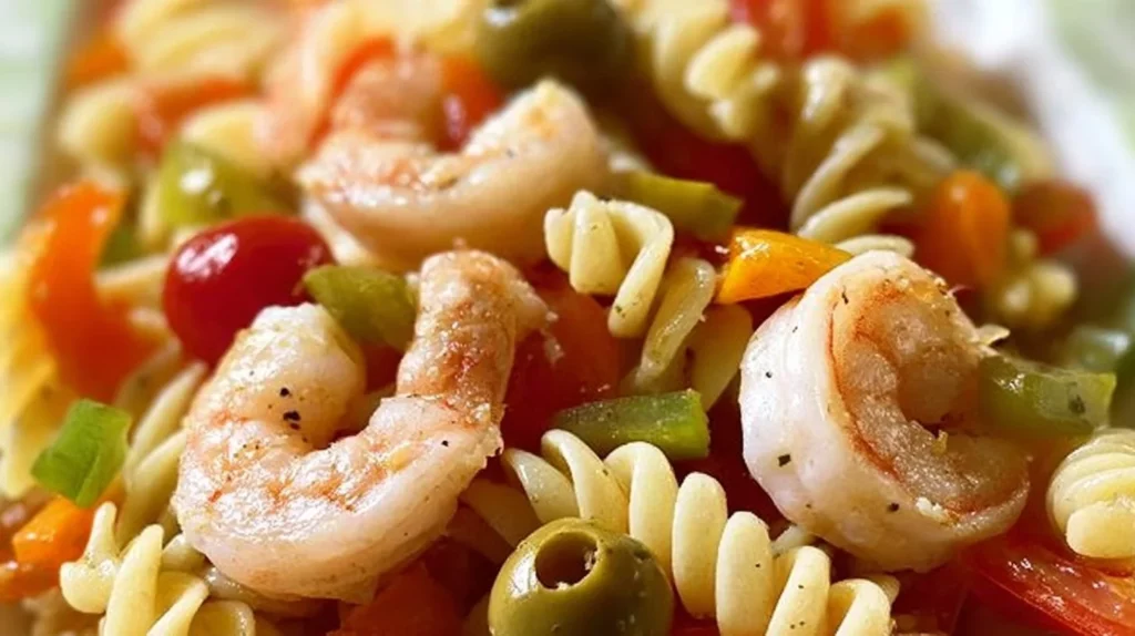 A vibrant bowl of Bloody Mary Shrimp Pasta Salad with fresh ingredients and bold flavors.