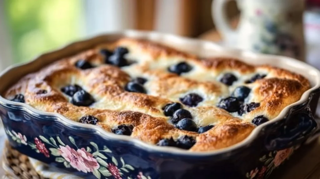 Blueberry buttermilk pancake casserole served in a baking dish