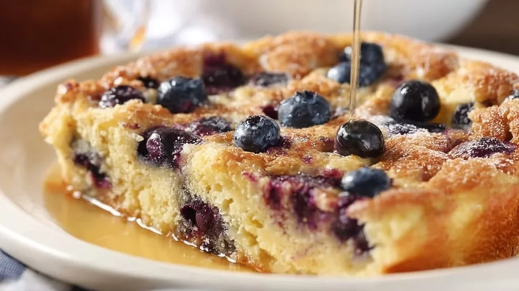 Delicious blueberry pancake casserole served in a dish