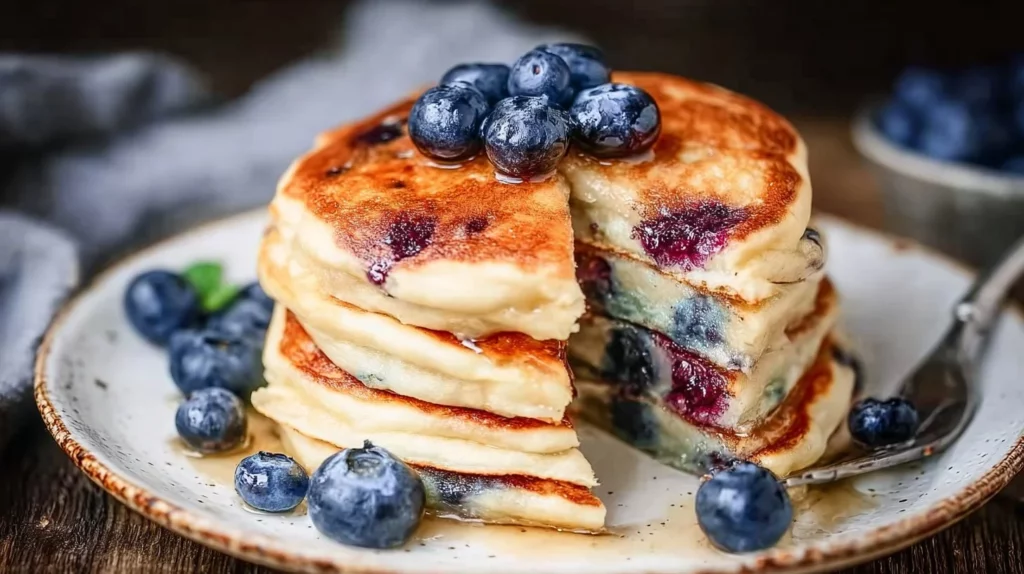 Delicious stack of fluffy blueberry pancakes with fresh blueberries on top