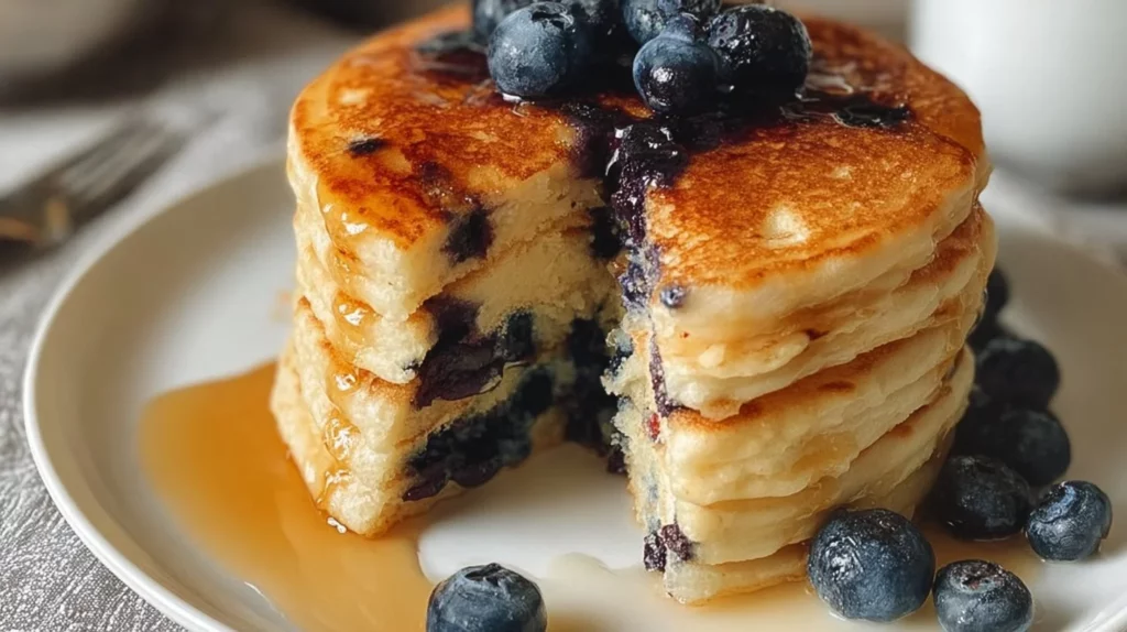 Fluffy blueberry pancakes topped with fresh berries and maple syrup