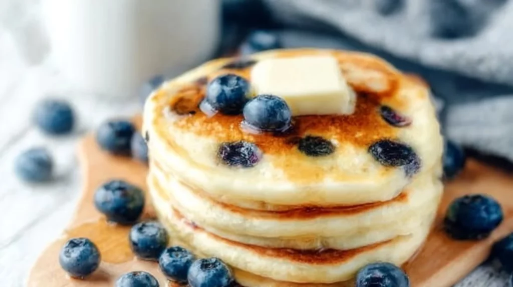Delicious blueberry pancakes stacked with fresh blueberries and syrup