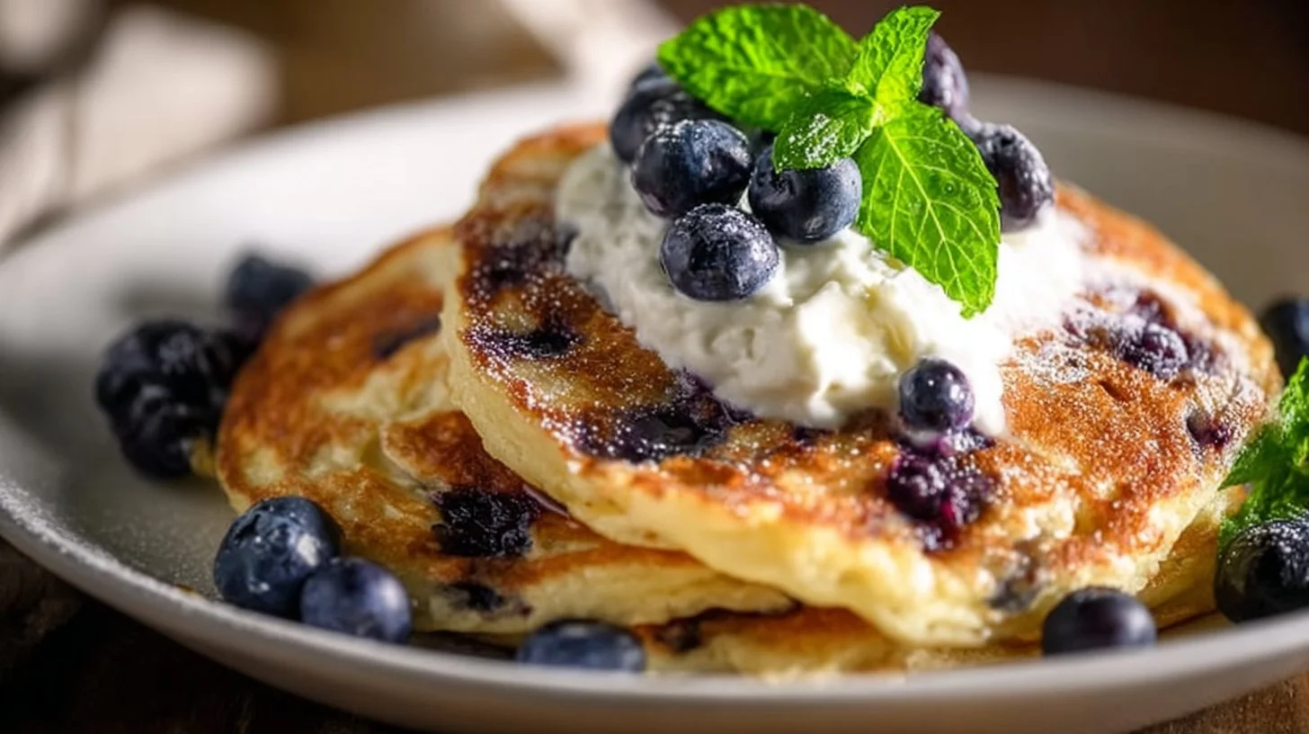 Fluffy blueberry ricotta pancakes topped with fresh blueberries and syrup