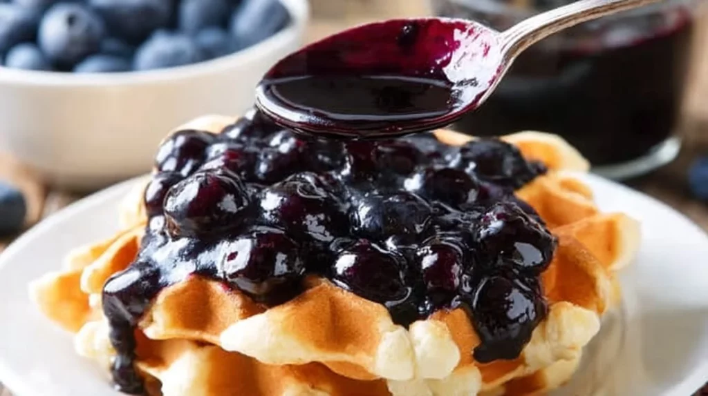 Blueberry sauce drizzled over pancakes with fresh blueberries