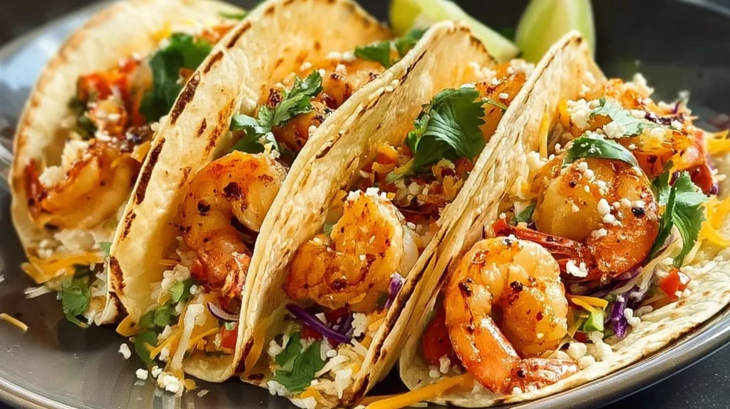 Bobby Flay's flavorful shrimp tacos served with fresh toppings