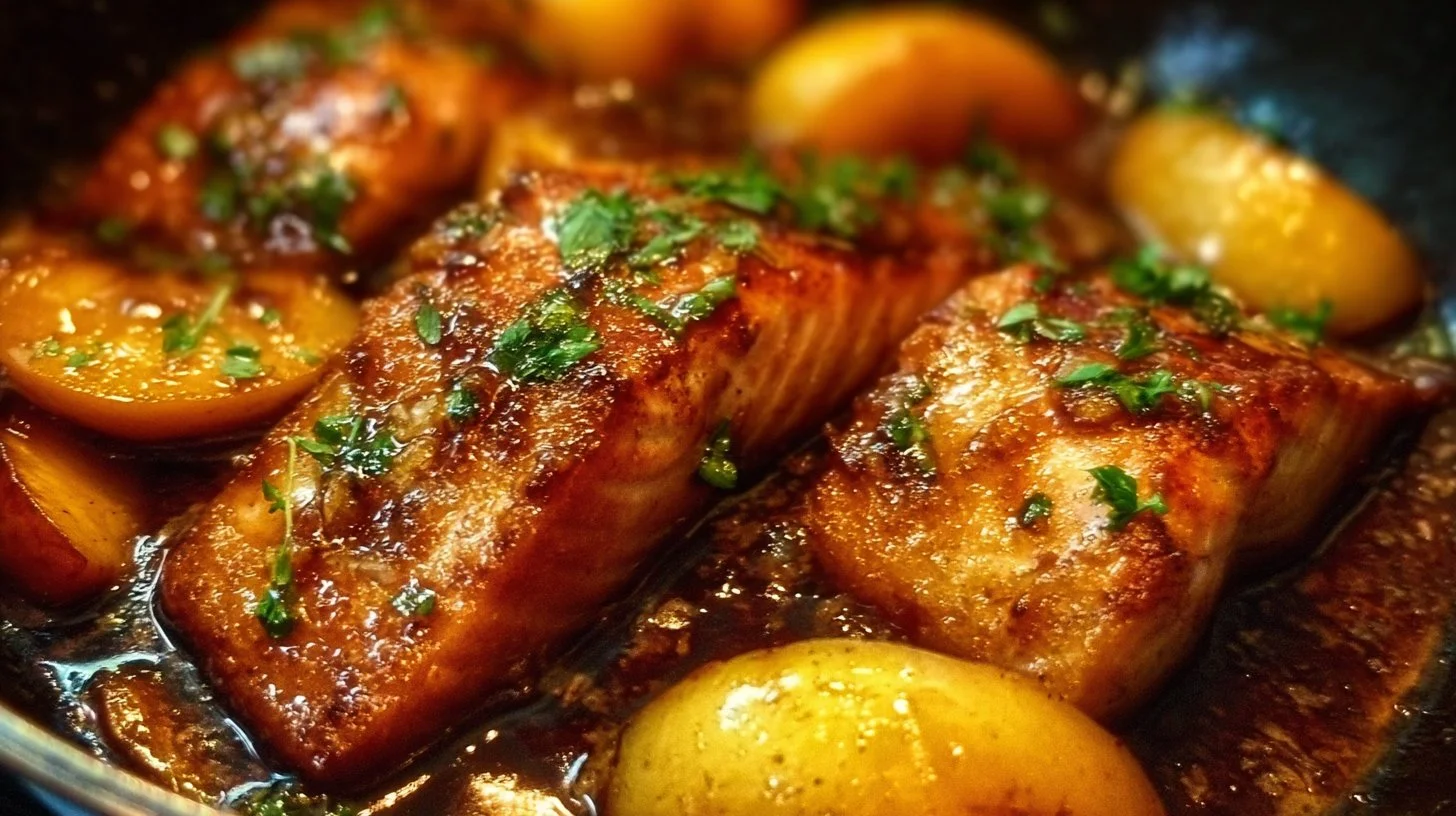 Bourbon Peach Roasted Salmon garnished with fresh peaches and herbs