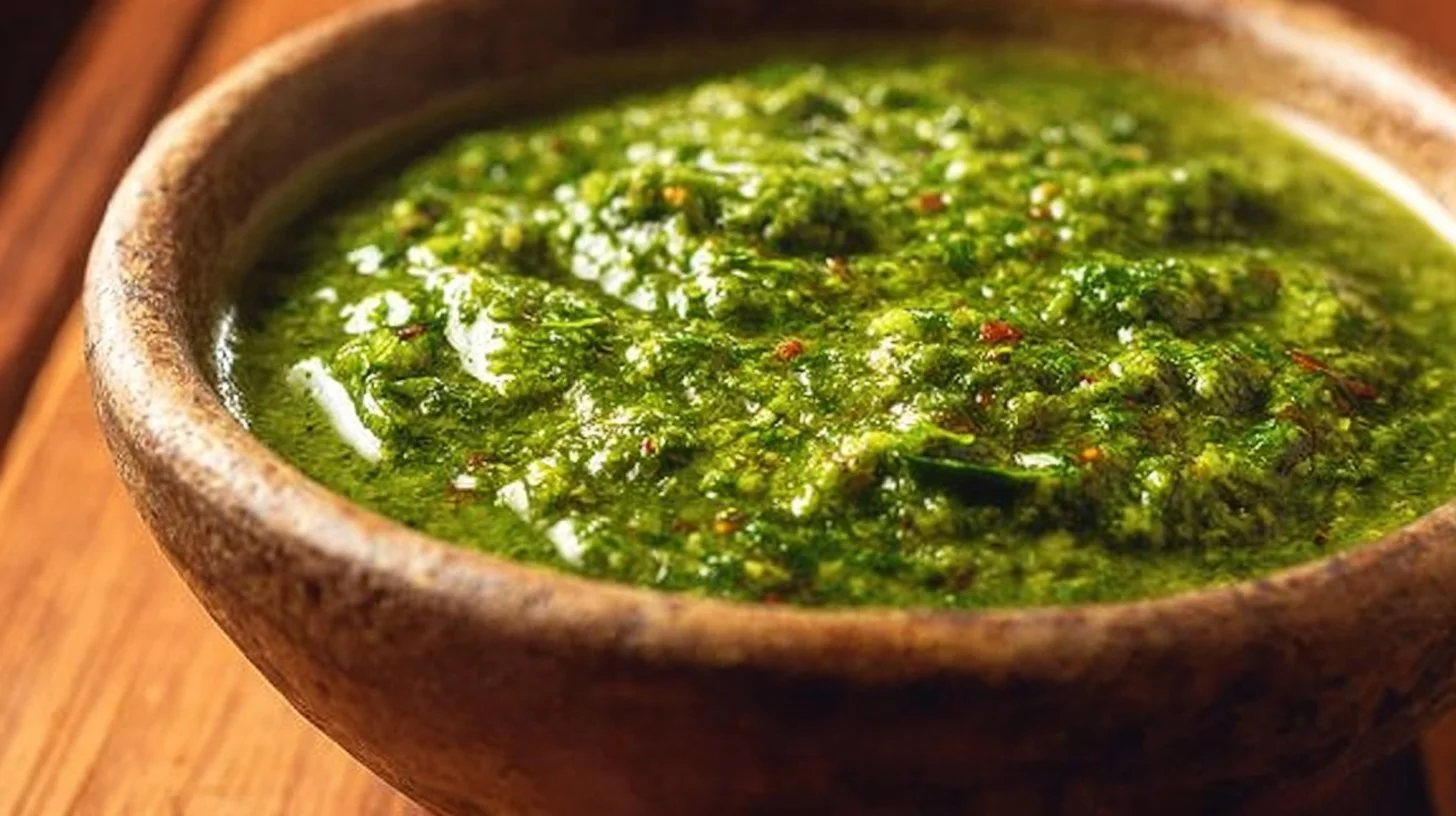 Bowl of Brazilian chimichurri sauce with fresh herbs and spices