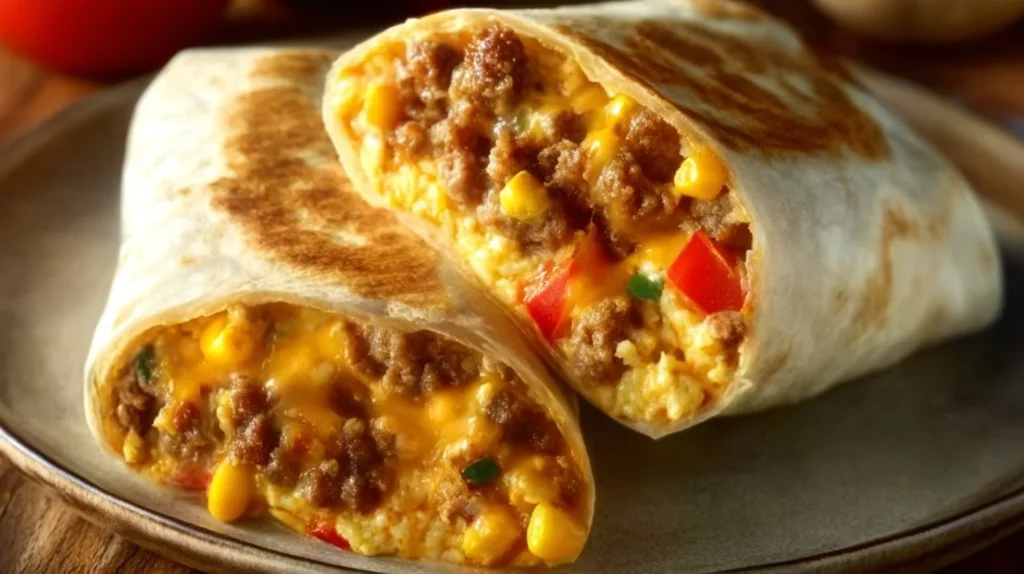 Delicious breakfast burrito filled with eggs, cheese, and fresh vegetables.