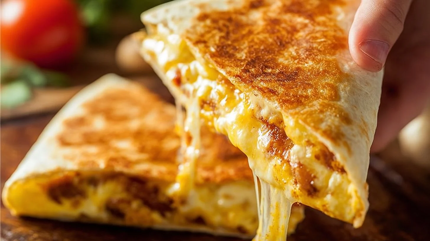 Delicious breakfast quesadilla filled with eggs, cheese, and vegetables.