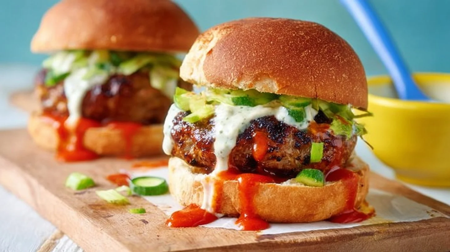 Delicious Buffalo turkey burgers topped with spicy sauce and fresh toppings.