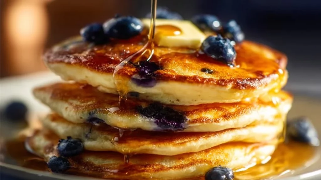 Delicious buttermilk blueberry pancakes topped with fresh blueberries and syrup